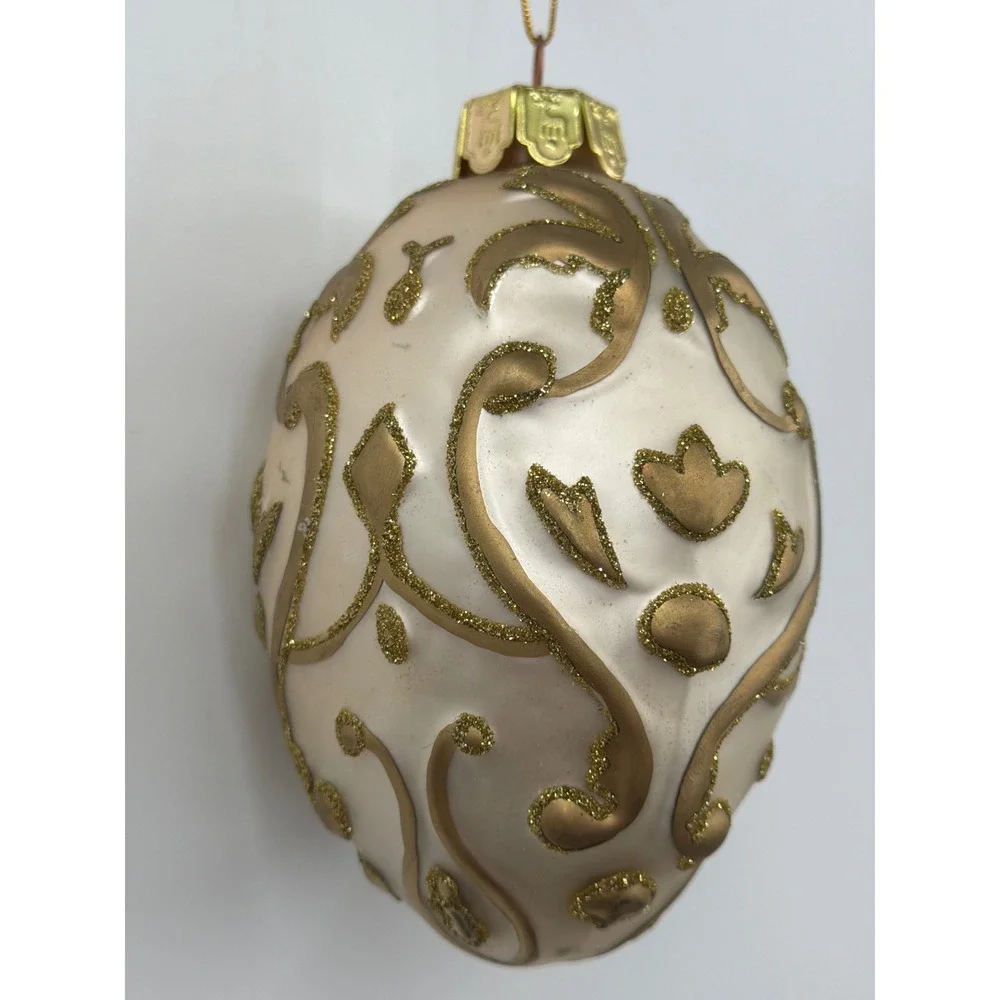 Santa's Best Glass Egg Christmas‎ Ornament Gold Glitter Filigree Pearl White